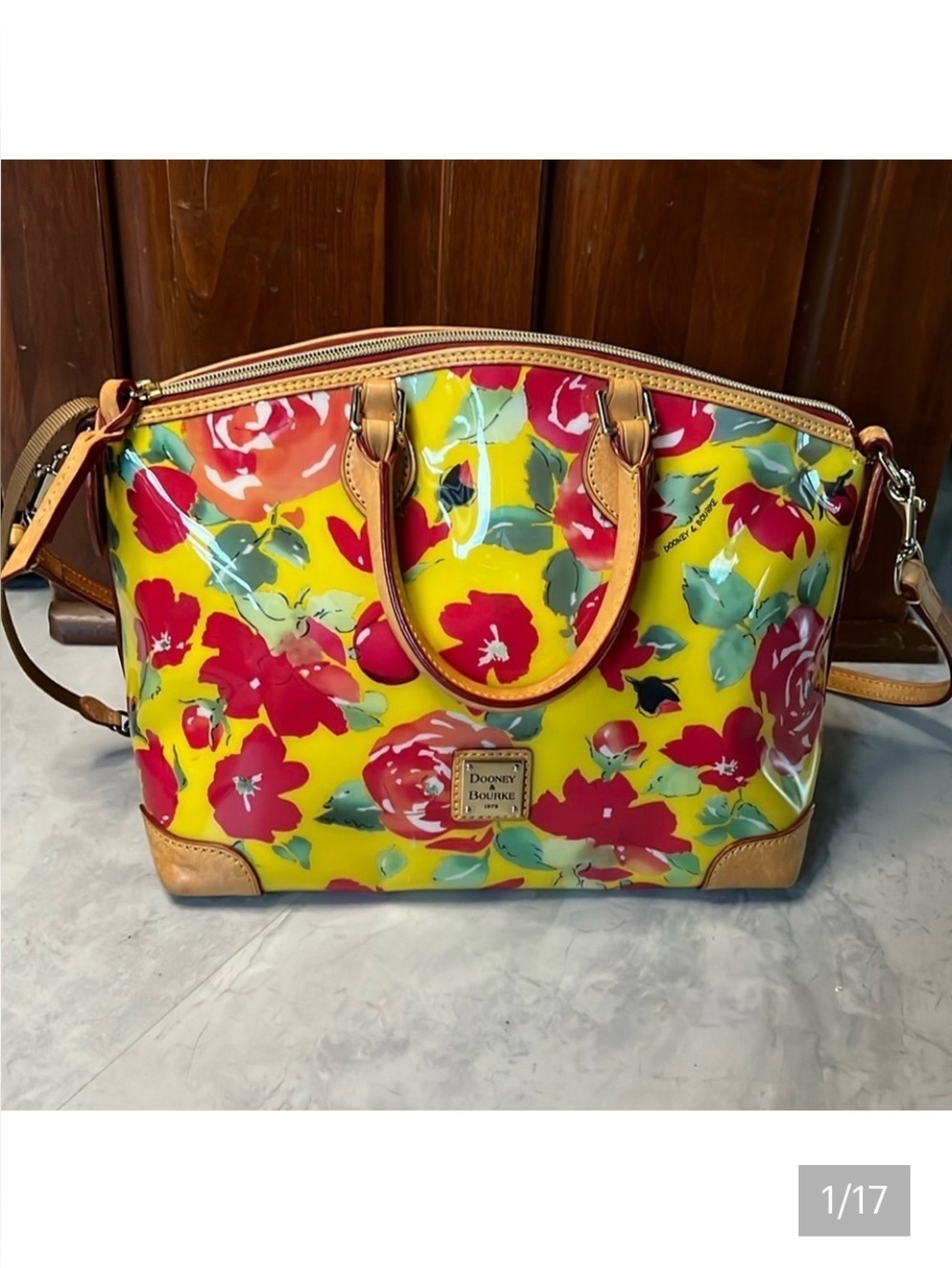 Dooney Bourke Satchel Crossbody shoulder Bag vinyl coated floral/leather EUC
